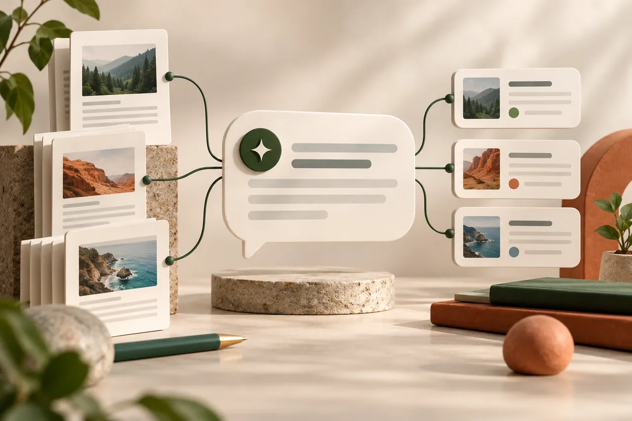 Illustration: web documents and source cards connected to an AI answer