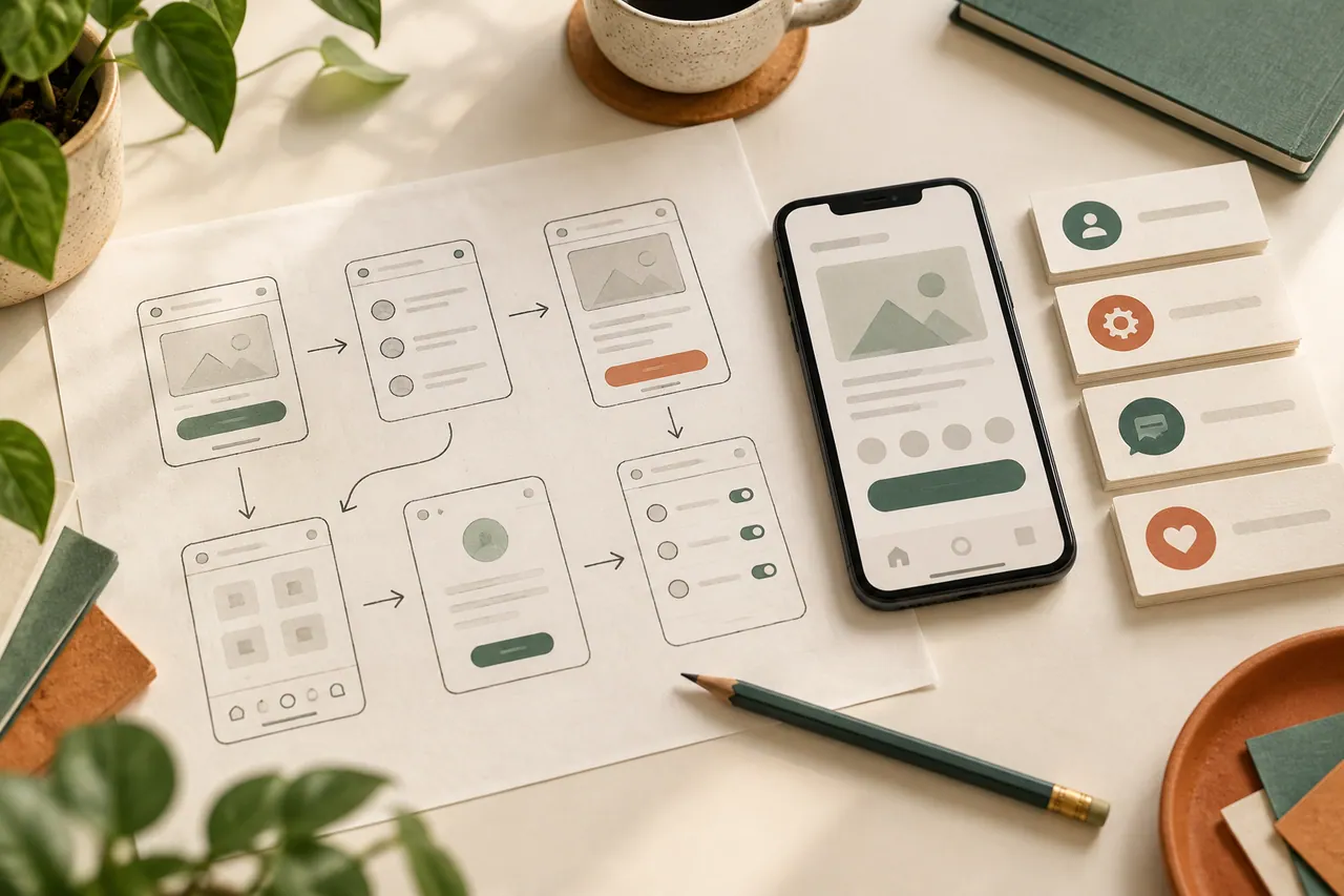 Illustration: sketched user flows, smartphone prototype and prioritized feature cards