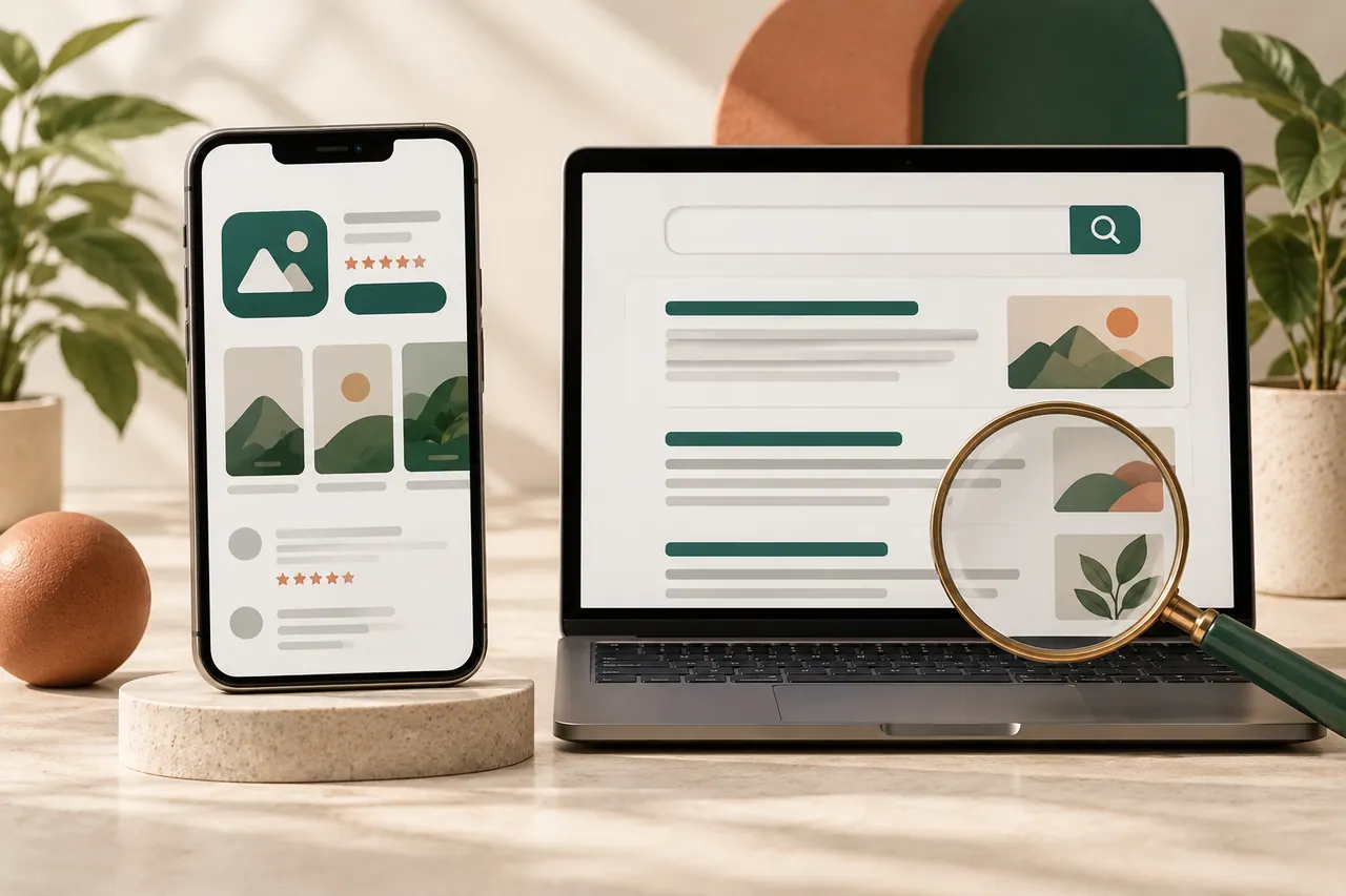 Illustration: app store listing compared with website search results