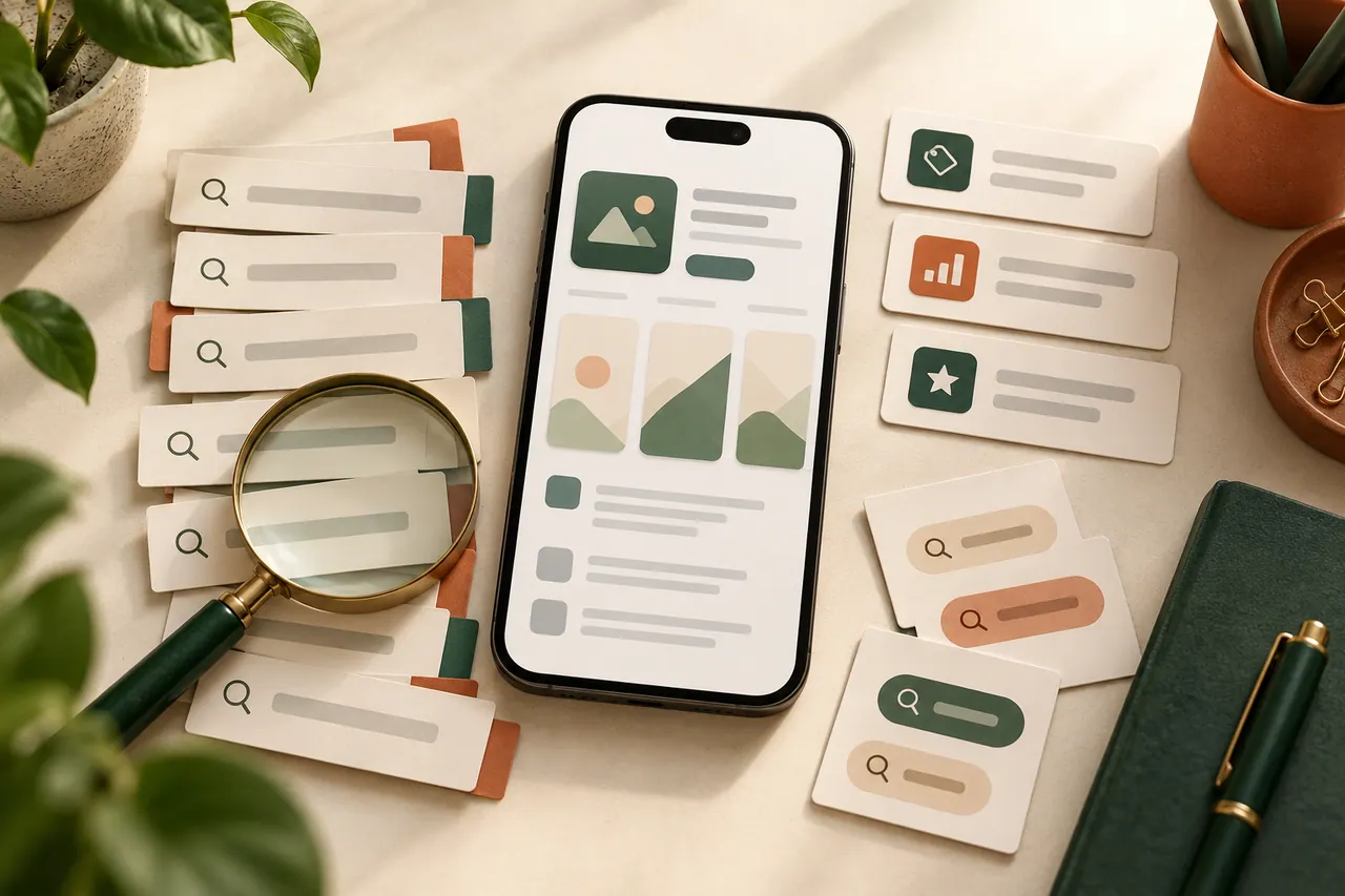 Illustration: search terms and metadata around an app store listing