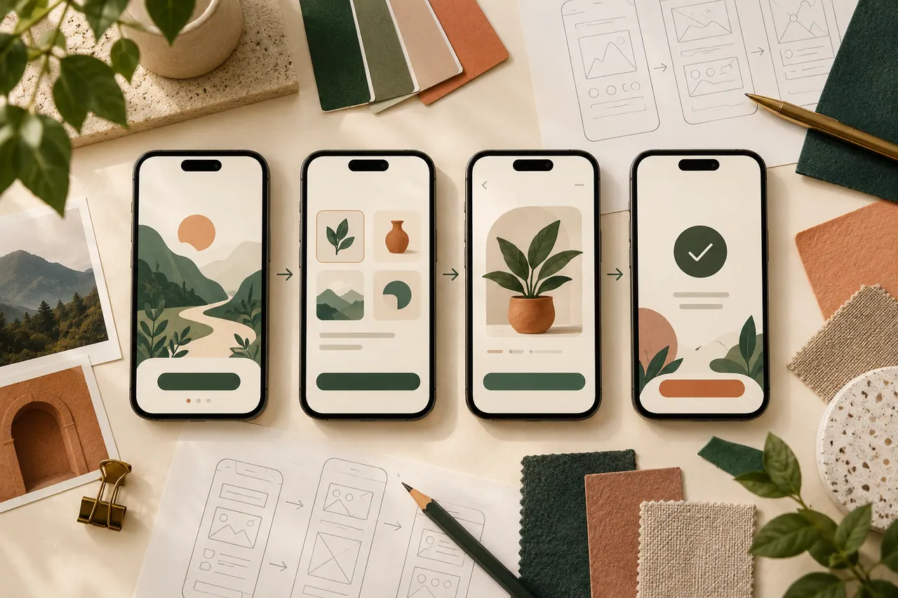 Illustration: four coordinated smartphone visuals for a store screenshot sequence