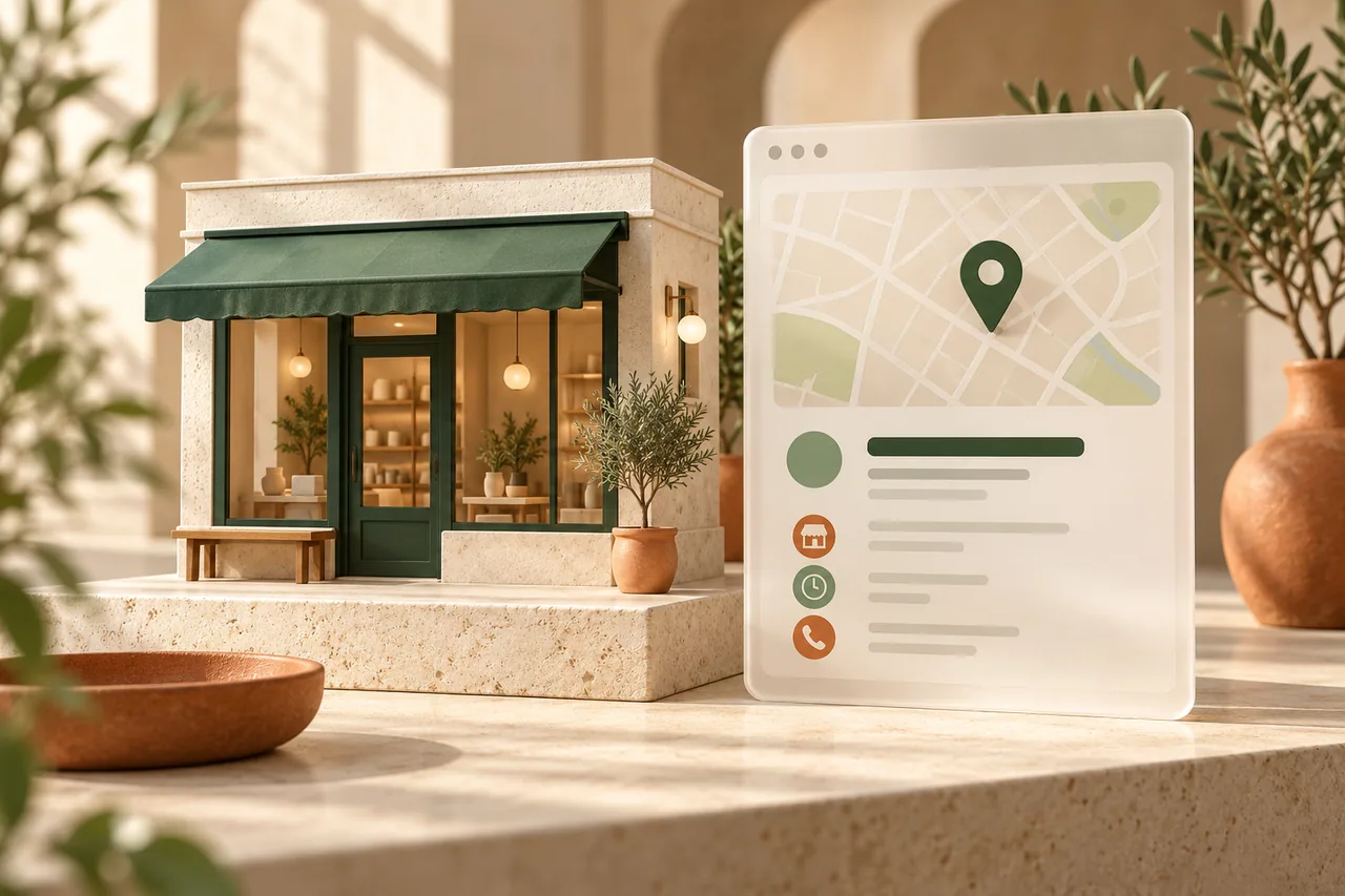 Illustration of a local business with a map and business information.