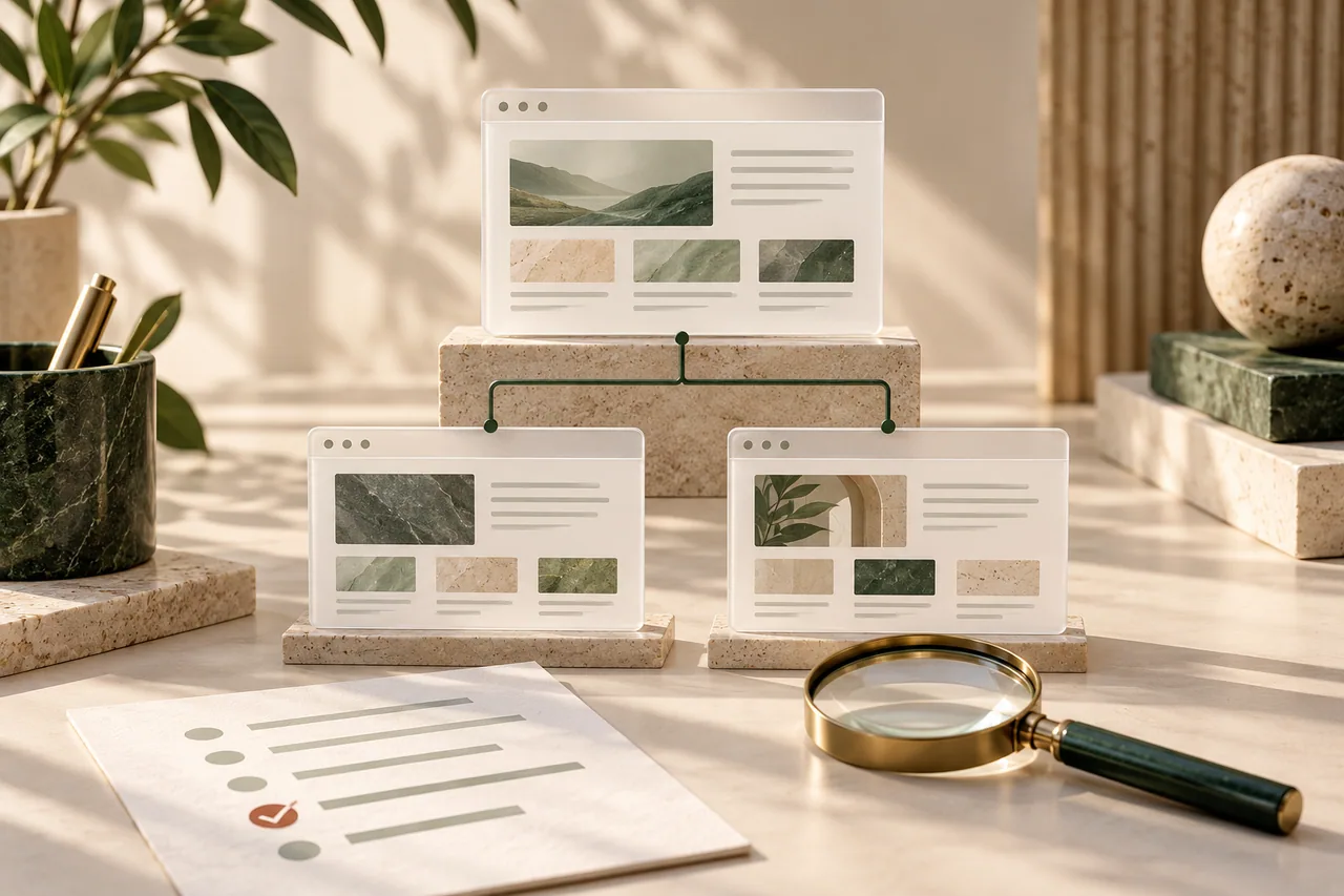 Illustration of connected website pages and a magnifying glass for a technical review.